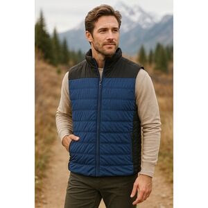 Platini Jeans Cougar Puffer Vest Mens Large Blue Black Colorblock Zip Gorpcore